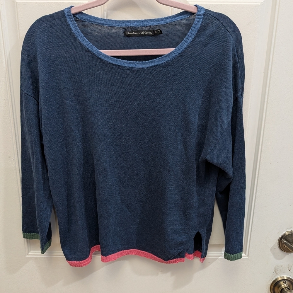 Gudrun Sjoden Blue Shirt with Pink and Green Accents